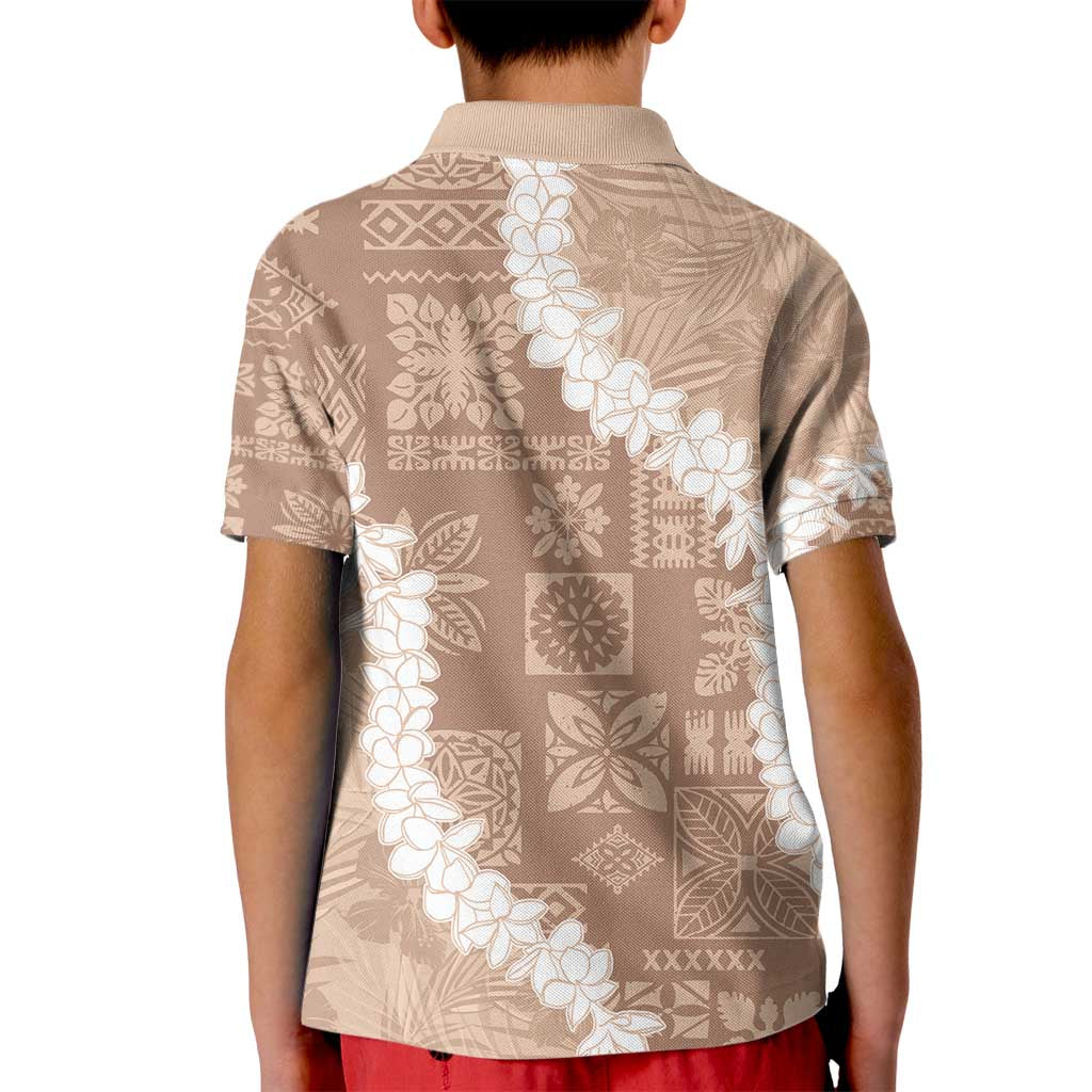Hawaii Aloha Kid Polo Shirt Beige Quilt Patch Work Mix Plumeria Lei LT7 - Polynesian Pride