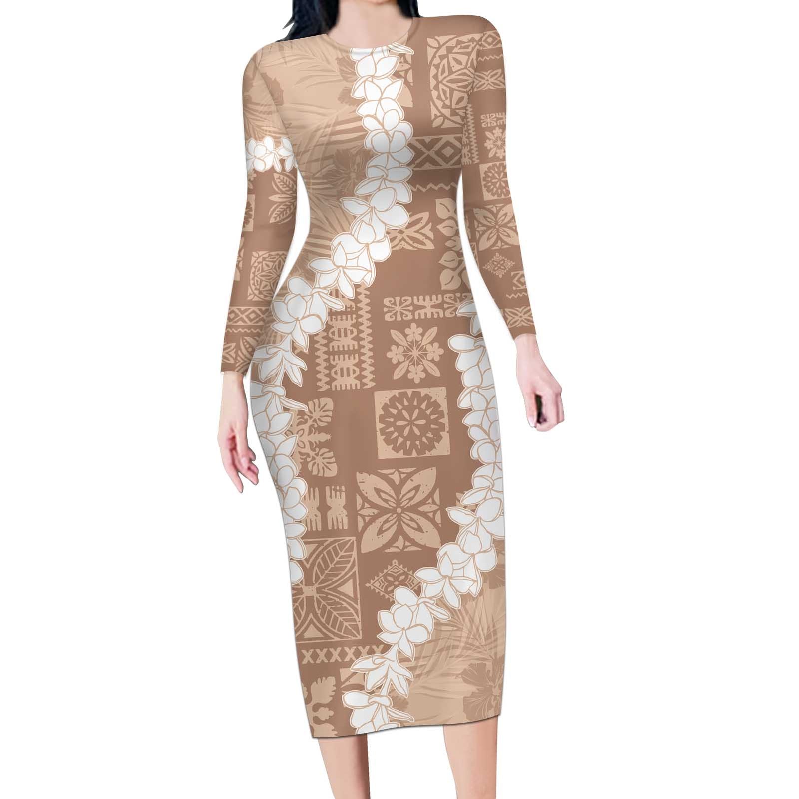 Hawaii Aloha Long Sleeve Bodycon Dress Beige Quilt Patch Work Mix Plumeria Lei LT7 Long Dress Beige - Polynesian Pride