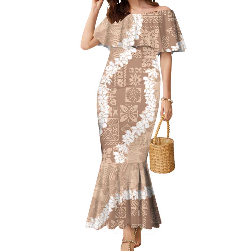 Hawaii Aloha Mermaid Dress Beige Quilt Patch Work Mix Plumeria Lei LT7 Women Beige - Polynesian Pride