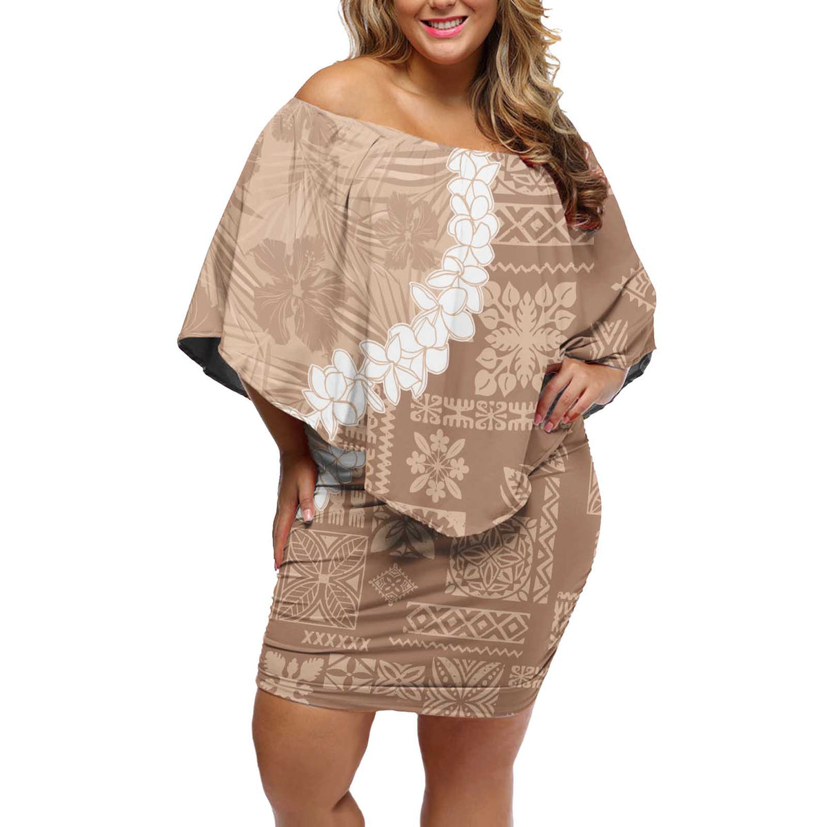 Hawaii Aloha Off Shoulder Short Dress Beige Quilt Patch Work Mix Plumeria Lei LT7 Women Beige - Polynesian Pride
