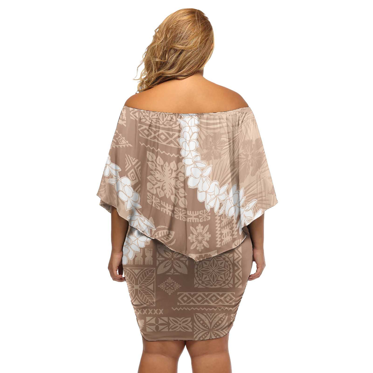 Hawaii Aloha Off Shoulder Short Dress Beige Quilt Patch Work Mix Plumeria Lei LT7 - Polynesian Pride