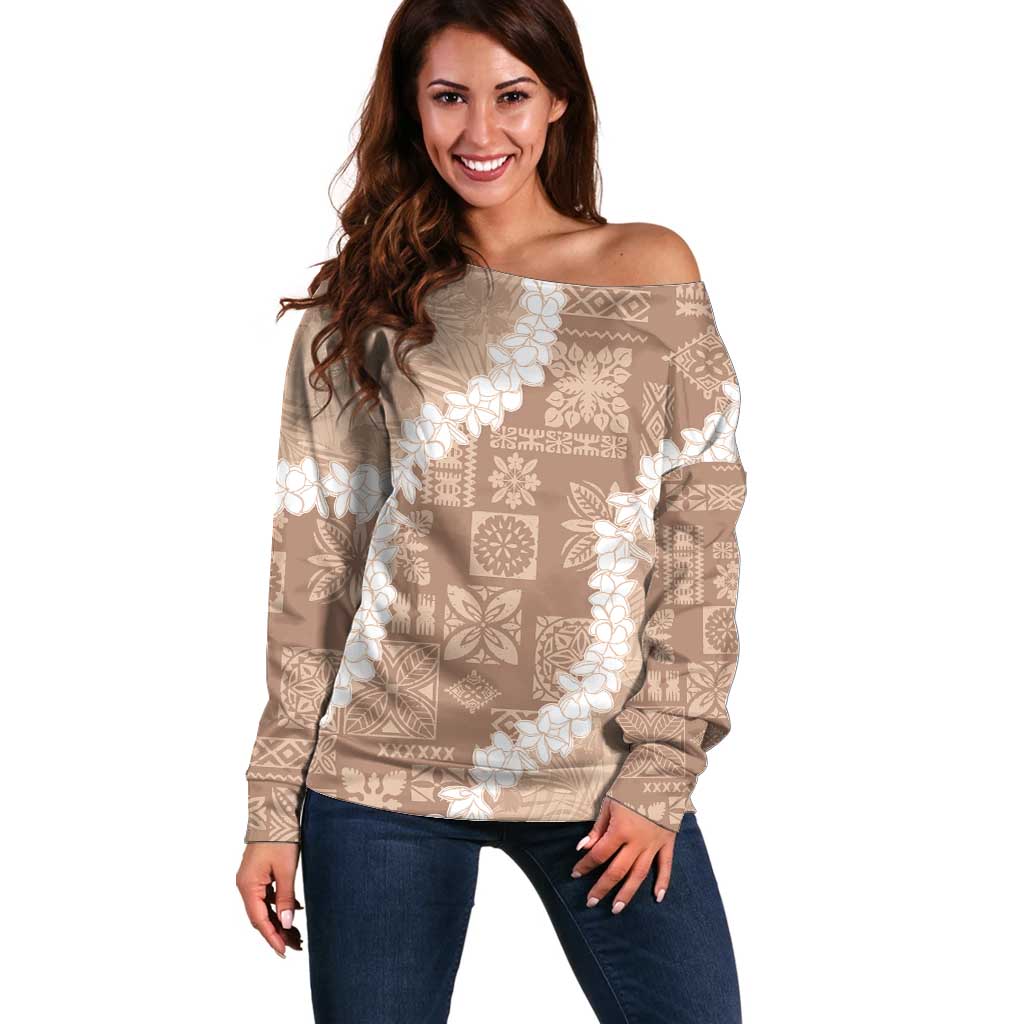 Hawaii Aloha Off Shoulder Sweater Beige Quilt Patch Work Mix Plumeria Lei LT7 Women Beige - Polynesian Pride