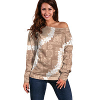 Hawaii Aloha Off Shoulder Sweater Beige Quilt Patch Work Mix Plumeria Lei LT7 Women Beige - Polynesian Pride
