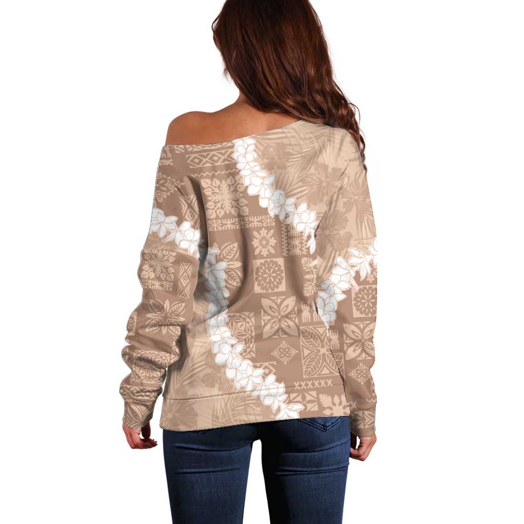 Hawaii Aloha Off Shoulder Sweater Beige Quilt Patch Work Mix Plumeria Lei LT7 - Polynesian Pride