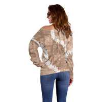 Hawaii Aloha Off Shoulder Sweater Beige Quilt Patch Work Mix Plumeria Lei LT7 - Polynesian Pride
