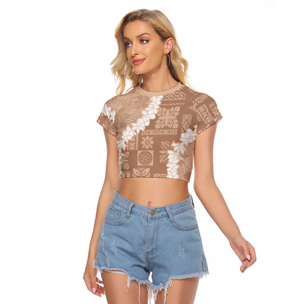 Hawaii Aloha Raglan Cropped T Shirt Beige Quilt Patch Work Mix Plumeria Lei LT7 Female Beige - Polynesian Pride