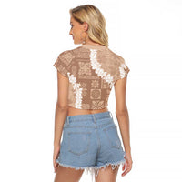 Hawaii Aloha Raglan Cropped T Shirt Beige Quilt Patch Work Mix Plumeria Lei LT7 - Polynesian Pride