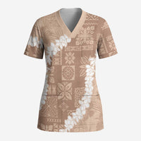 Hawaii Aloha Scrub Top Beige Quilt Patch Work Mix Plumeria Lei LT7 Adult Beige - Polynesian Pride