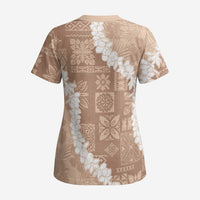 Hawaii Aloha Scrub Top Beige Quilt Patch Work Mix Plumeria Lei LT7 - Polynesian Pride
