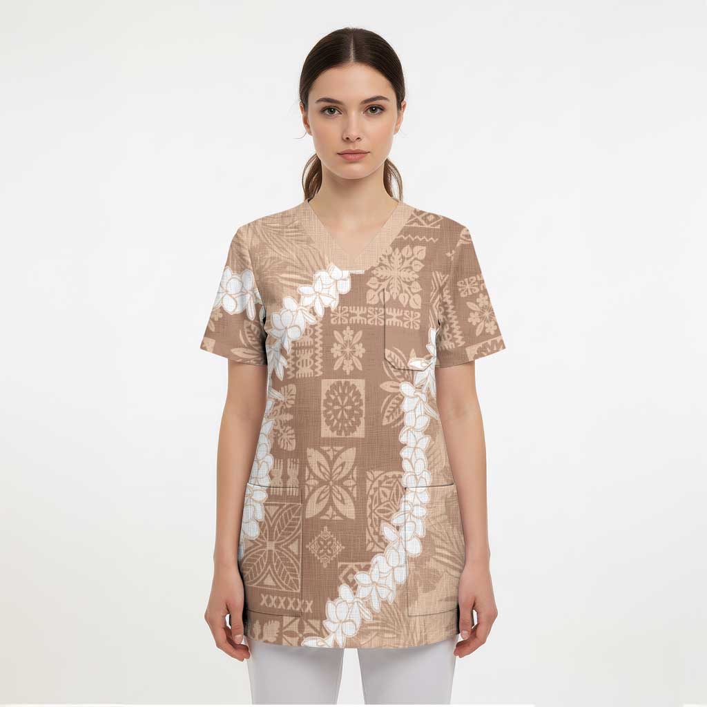 Hawaii Aloha Scrub Top Beige Quilt Patch Work Mix Plumeria Lei LT7 - Polynesian Pride