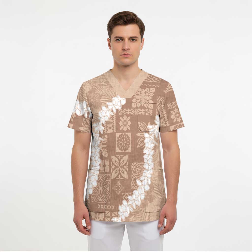 Hawaii Aloha Scrub Top Beige Quilt Patch Work Mix Plumeria Lei LT7 - Polynesian Pride