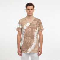 Hawaii Aloha Scrub Top Beige Quilt Patch Work Mix Plumeria Lei LT7 - Polynesian Pride