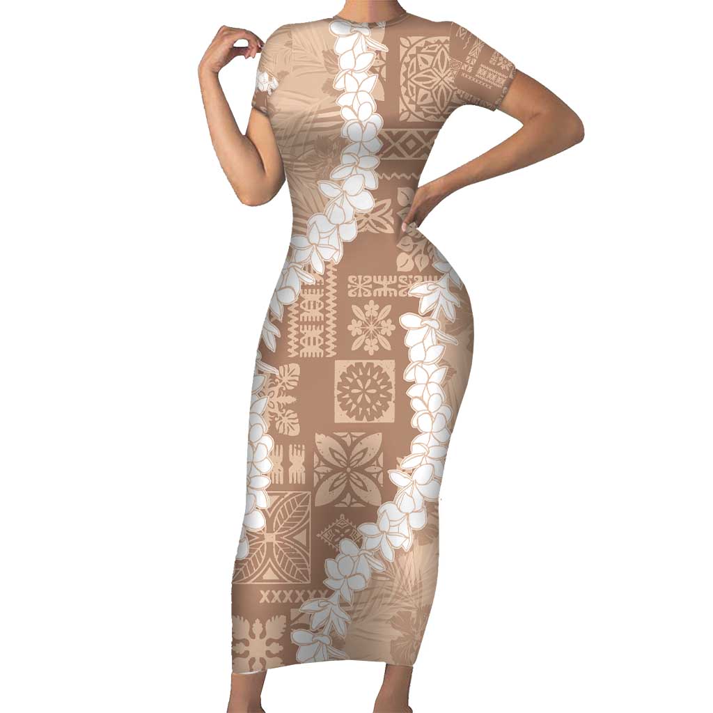 Hawaii Aloha Short Sleeve Bodycon Dress Beige Quilt Patch Work Mix Plumeria Lei LT7 Long Dress Beige - Polynesian Pride