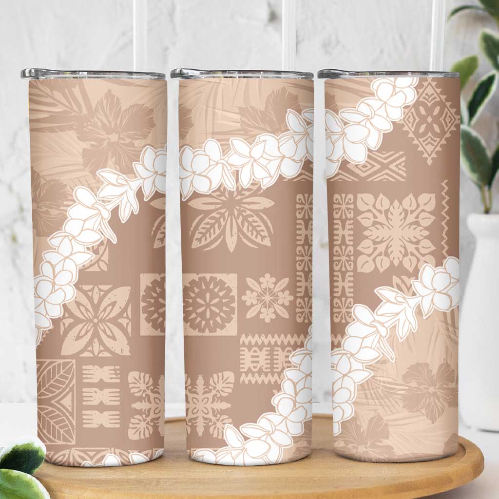 Hawaii Aloha Skinny Tumbler Beige Quilt Patch Work Mix Plumeria Lei LT7 - Polynesian Pride