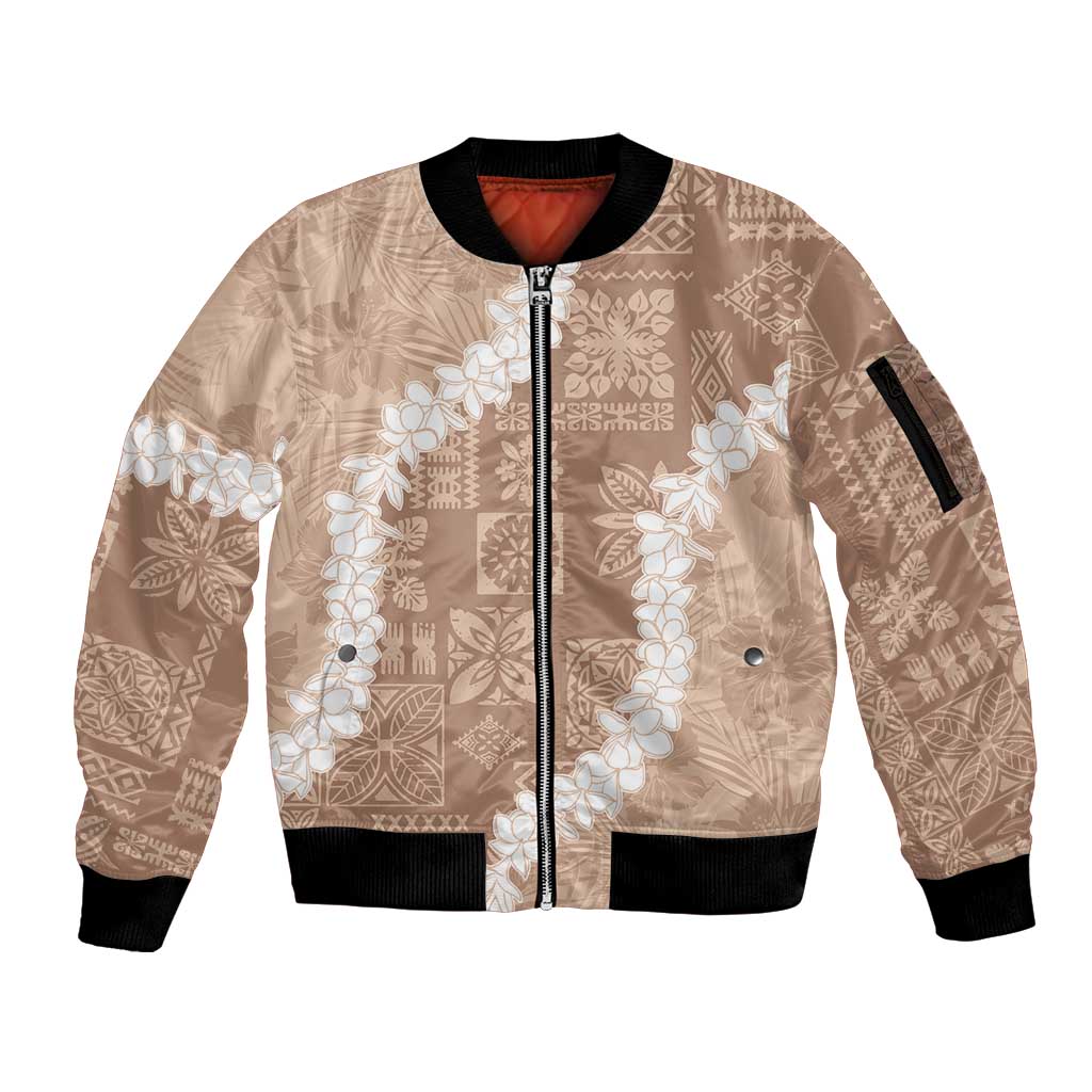 Hawaii Aloha Sleeve Zip Bomber Jacket Beige Quilt Patch Work Mix Plumeria Lei LT7 Unisex Beige - Polynesian Pride