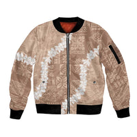 Hawaii Aloha Sleeve Zip Bomber Jacket Beige Quilt Patch Work Mix Plumeria Lei LT7 Unisex Beige - Polynesian Pride