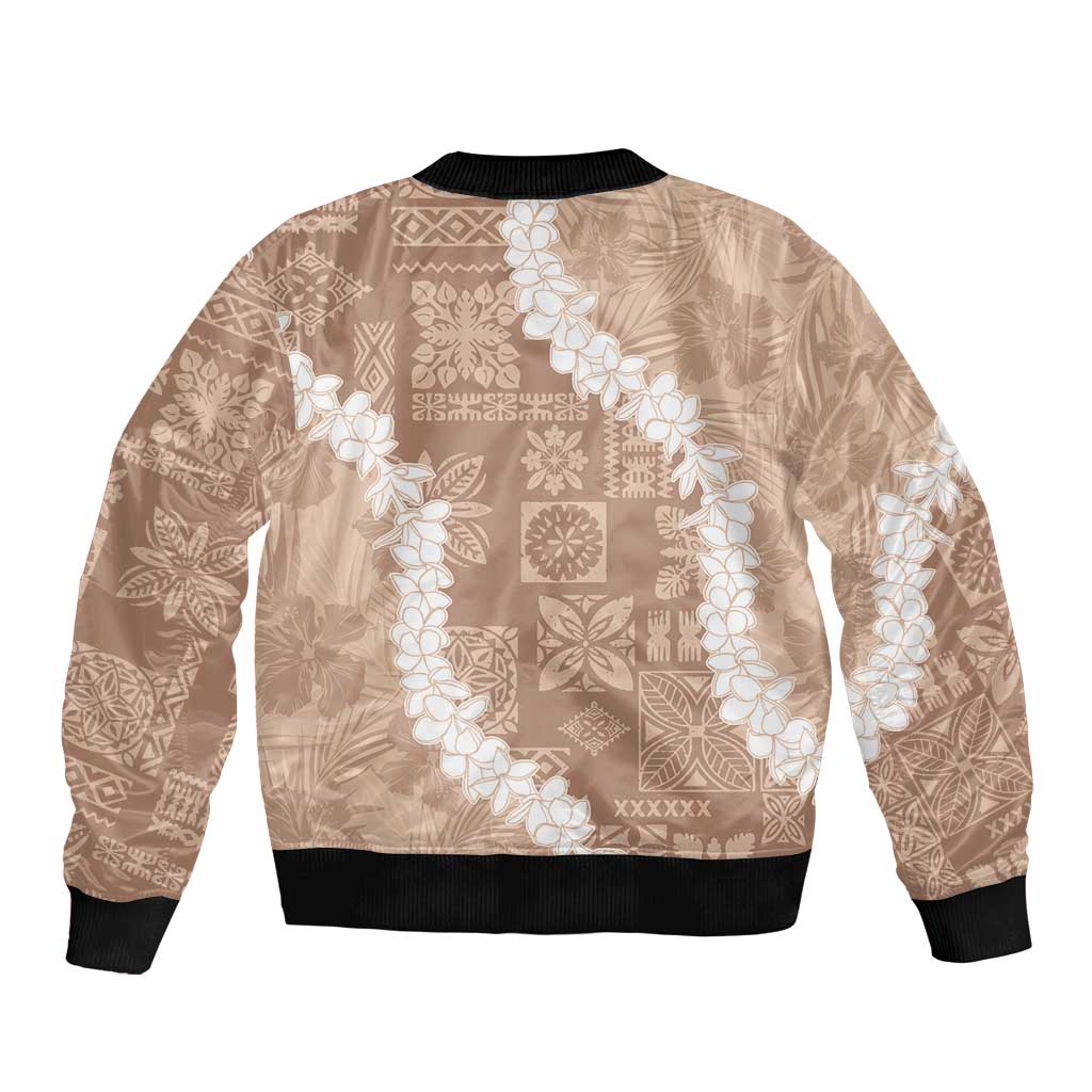 Hawaii Aloha Sleeve Zip Bomber Jacket Beige Quilt Patch Work Mix Plumeria Lei LT7 - Polynesian Pride