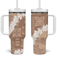 Hawaii Aloha Tumbler With Handle Beige Quilt Patch Work Mix Plumeria Lei LT7 One Size: 40 oz Beige - Polynesian Pride