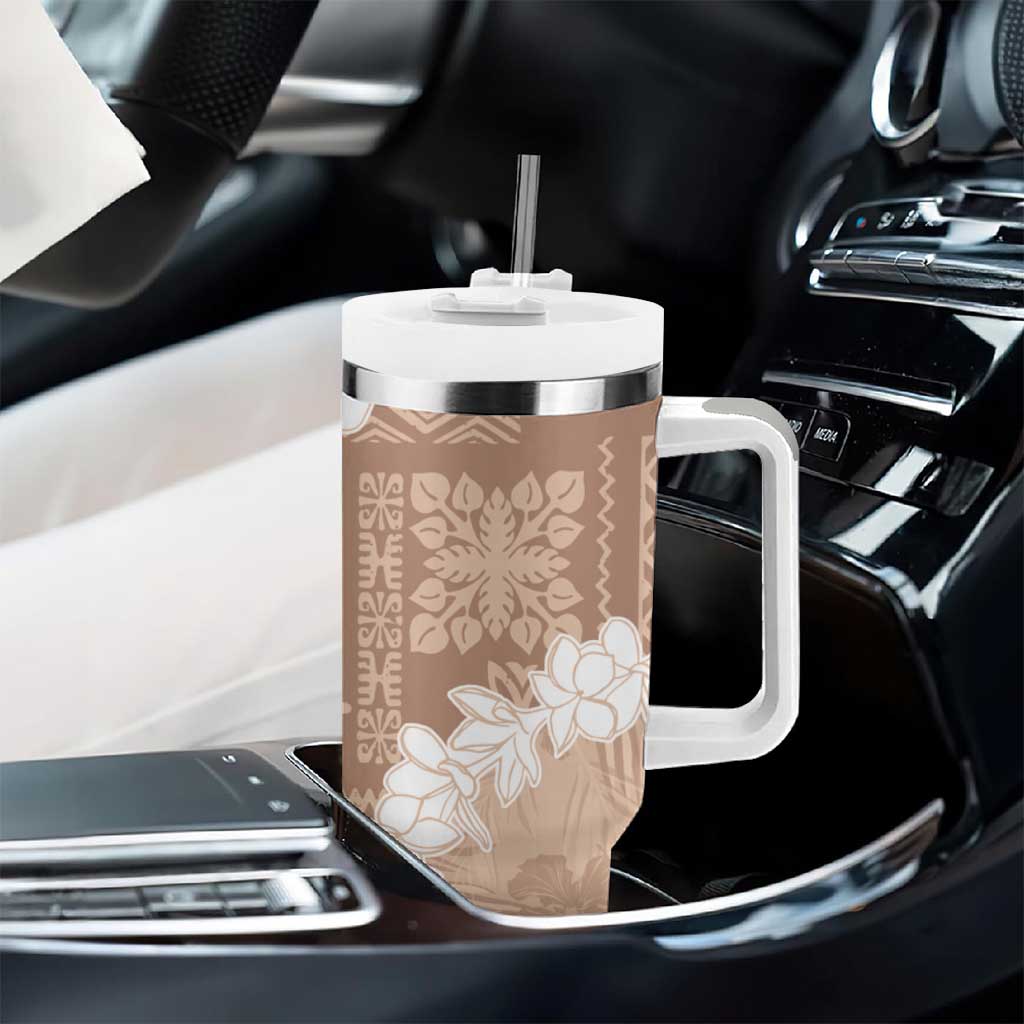 Hawaii Aloha Tumbler With Handle Beige Quilt Patch Work Mix Plumeria Lei LT7 - Polynesian Pride