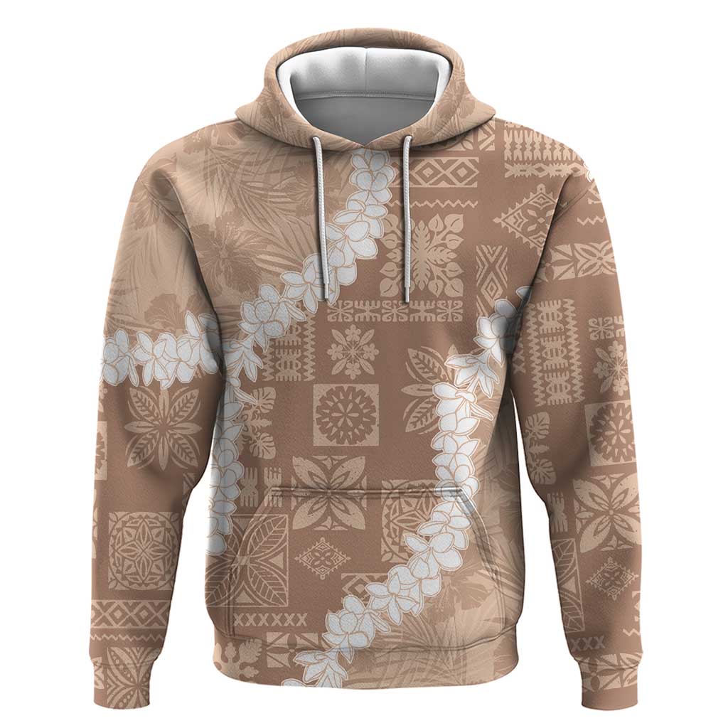 Hawaii Aloha Zip Hoodie Beige Quilt Patch Work Mix Plumeria Lei LT7 Pullover Hoodie Beige - Polynesian Pride