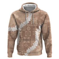 Hawaii Aloha Zip Hoodie Beige Quilt Patch Work Mix Plumeria Lei LT7 Pullover Hoodie Beige - Polynesian Pride