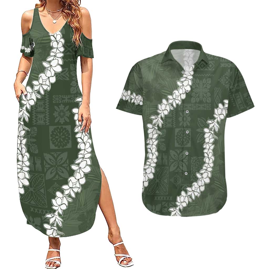 Hawaii Aloha Couples Matching Summer Maxi Dress and Hawaiian Shirt Sage Quilt Patch Work Mix Plumeria Lei