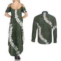 Hawaii Aloha Couples Matching Summer Maxi Dress and Long Sleeve Button Shirt Sage Quilt Patch Work Mix Plumeria Lei LT7 - Polynesian Pride