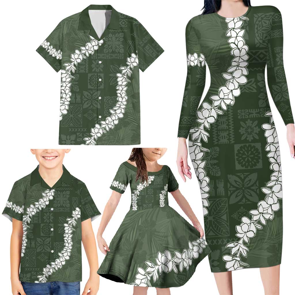 Hawaii Aloha Family Matching Long Sleeve Bodycon Dress and Hawaiian Shirt Sage Quilt Patch Work Mix Plumeria Lei