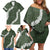 Hawaii Aloha Family Matching Off Shoulder Short Dress and Hawaiian Shirt Sage Quilt Patch Work Mix Plumeria Lei