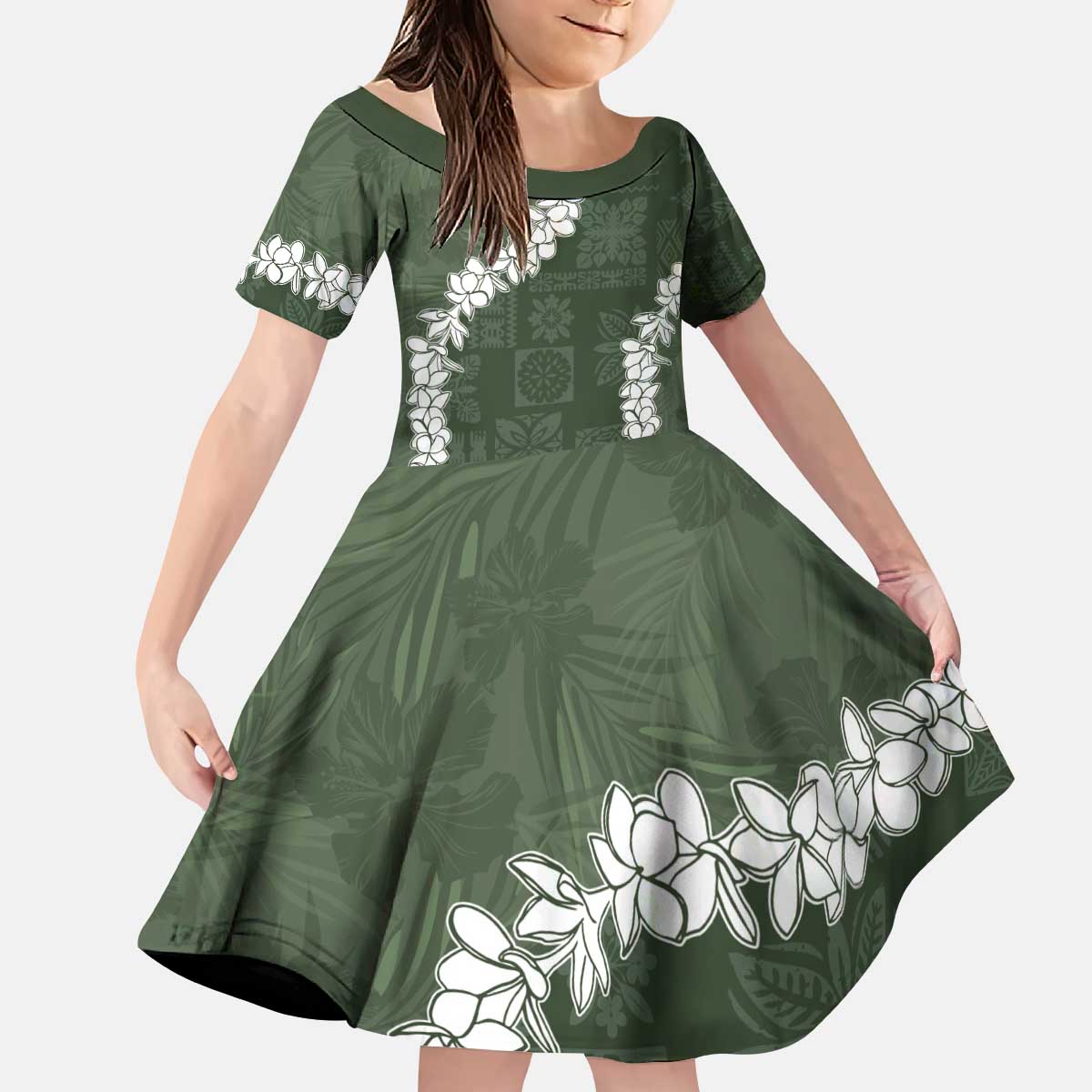 Hawaii Aloha Kid Short Sleeve Dress Sage Quilt Patch Work Mix Plumeria Lei LT7 KID Sage - Polynesian Pride