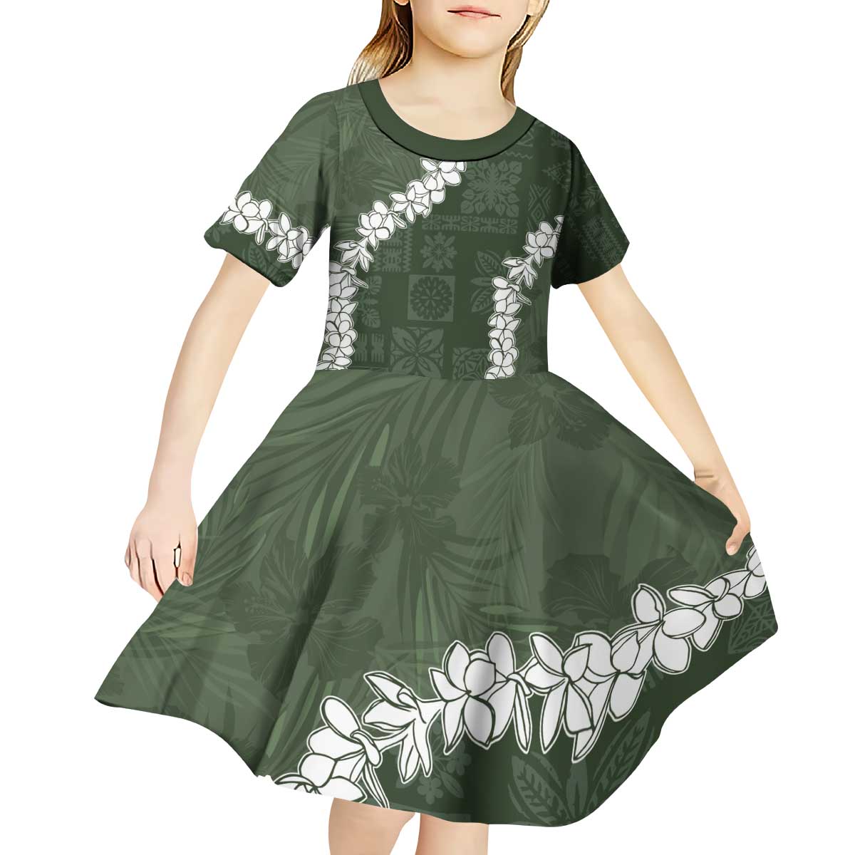 Hawaii Aloha Kid Short Sleeve Dress Sage Quilt Patch Work Mix Plumeria Lei LT7 - Polynesian Pride