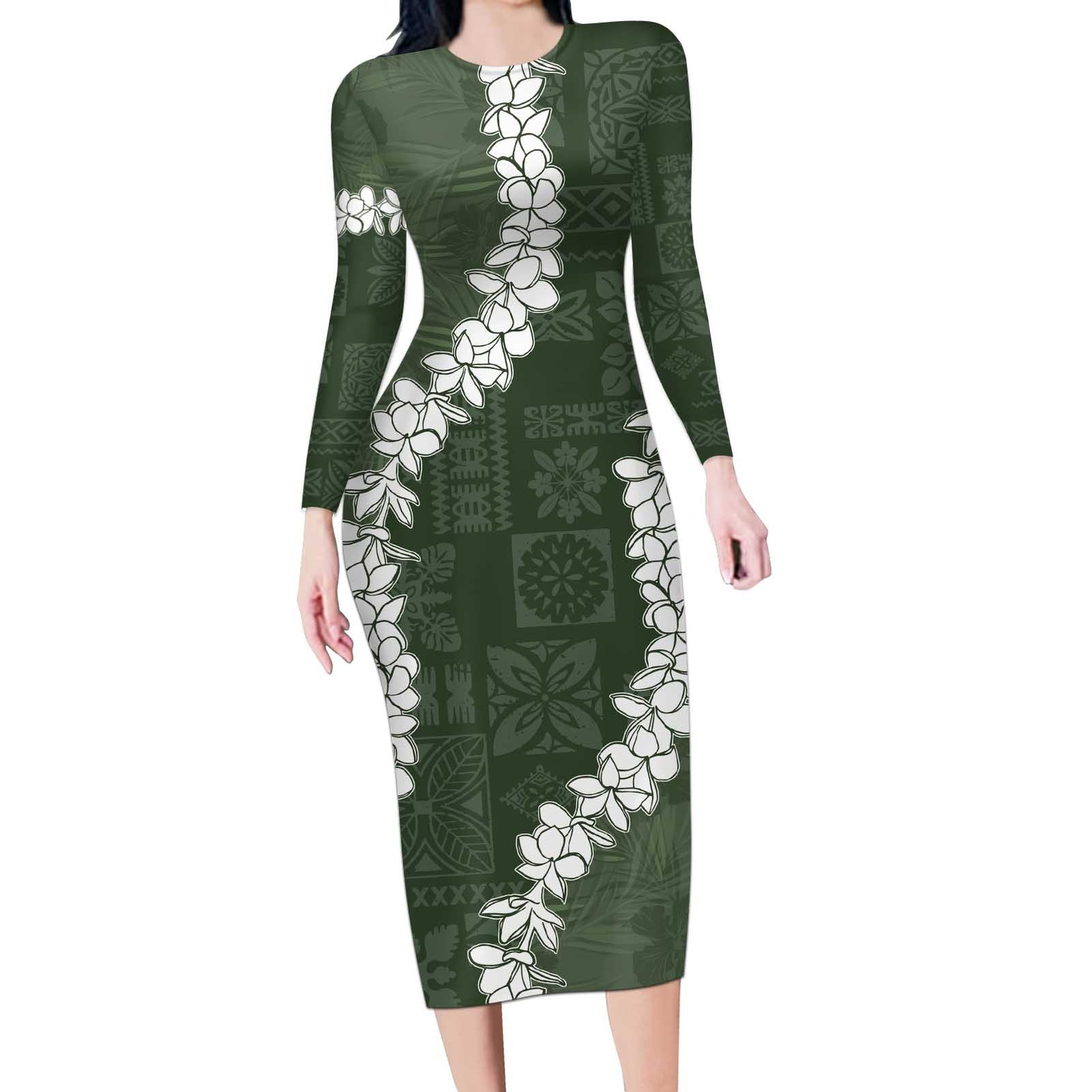 Hawaii Aloha Long Sleeve Bodycon Dress Sage Quilt Patch Work Mix Plumeria Lei LT7 Long Dress Sage - Polynesian Pride