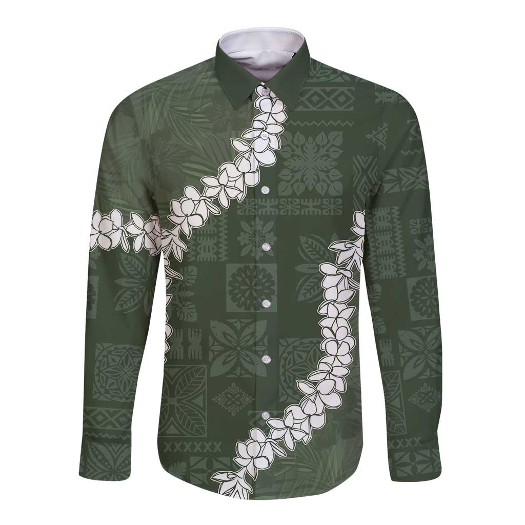 Hawaii Aloha Long Sleeve Button Shirt Sage Quilt Patch Work Mix Plumeria Lei