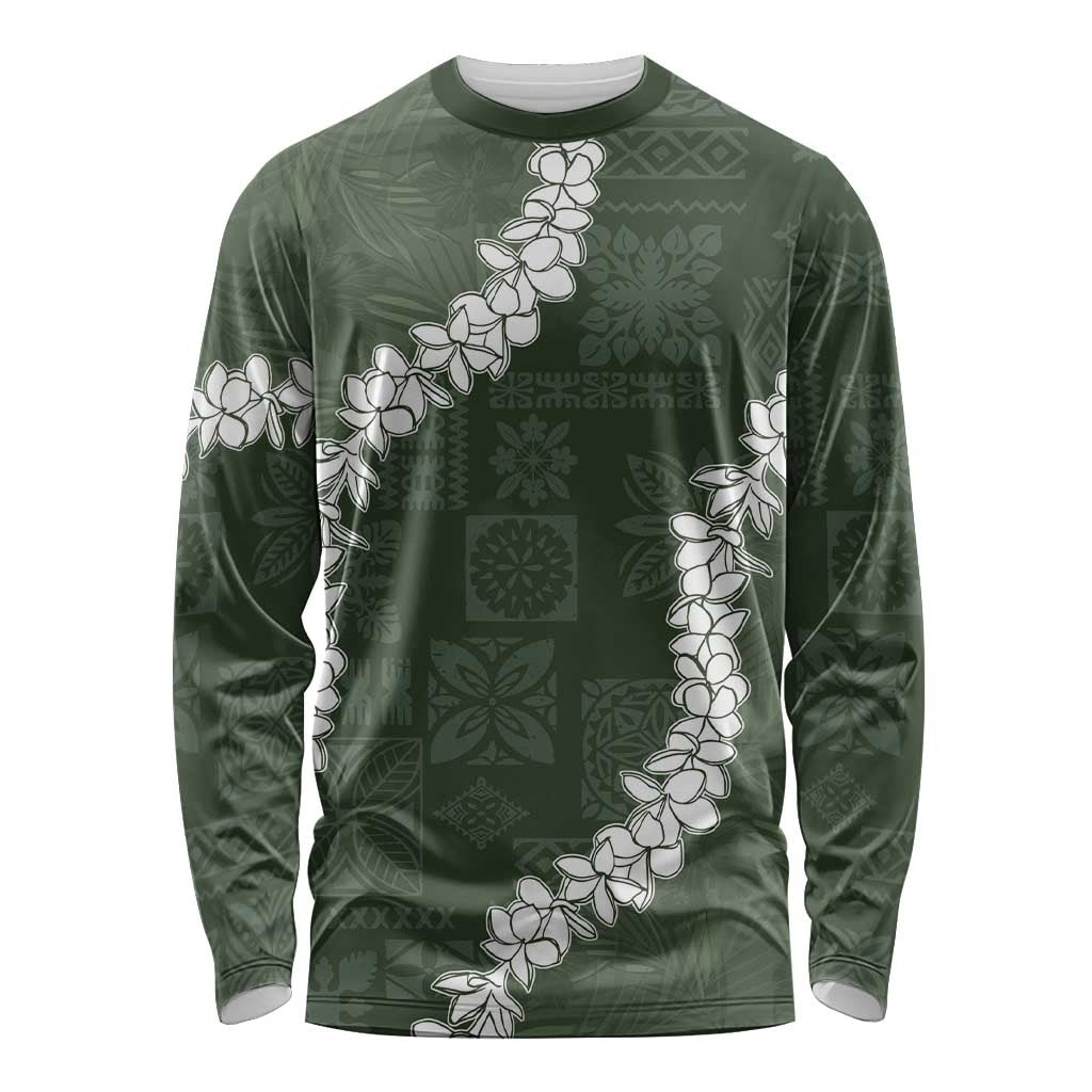 Hawaii Aloha Long Sleeve Shirt Sage Quilt Patch Work Mix Plumeria Lei LT7 Unisex Sage - Polynesian Pride