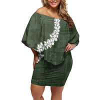 Hawaii Aloha Off Shoulder Short Dress Sage Quilt Patch Work Mix Plumeria Lei LT7 Women Sage - Polynesian Pride
