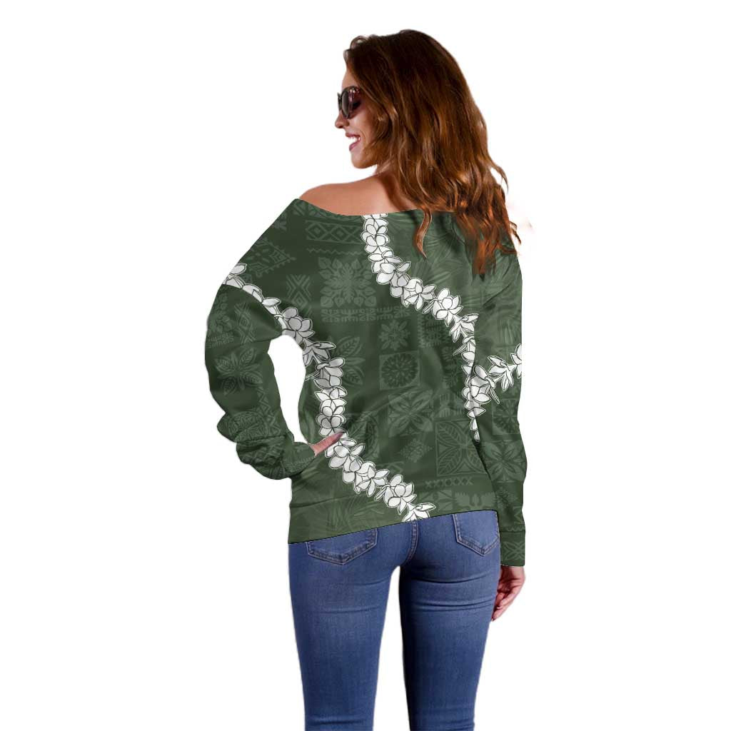 Hawaii Aloha Off Shoulder Sweater Sage Quilt Patch Work Mix Plumeria Lei LT7 - Polynesian Pride