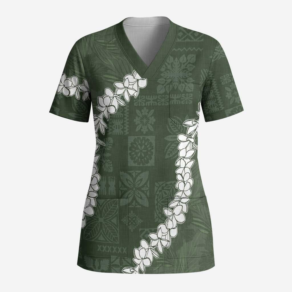 Hawaii Aloha Scrub Top Sage Quilt Patch Work Mix Plumeria Lei LT7 Adult Sage - Polynesian Pride