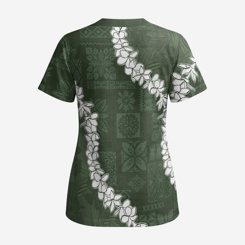 Hawaii Aloha Scrub Top Sage Quilt Patch Work Mix Plumeria Lei LT7 - Polynesian Pride