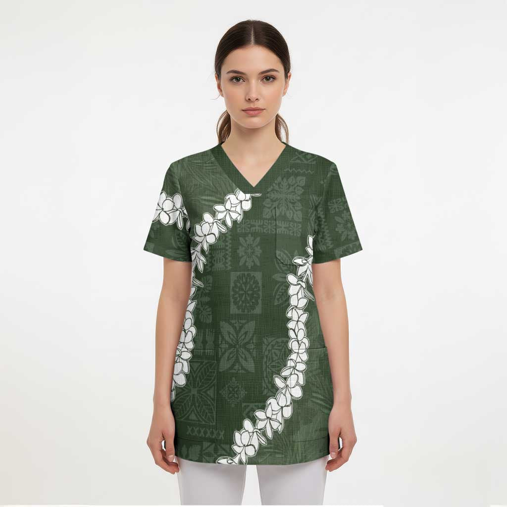 Hawaii Aloha Scrub Top Sage Quilt Patch Work Mix Plumeria Lei LT7 - Polynesian Pride