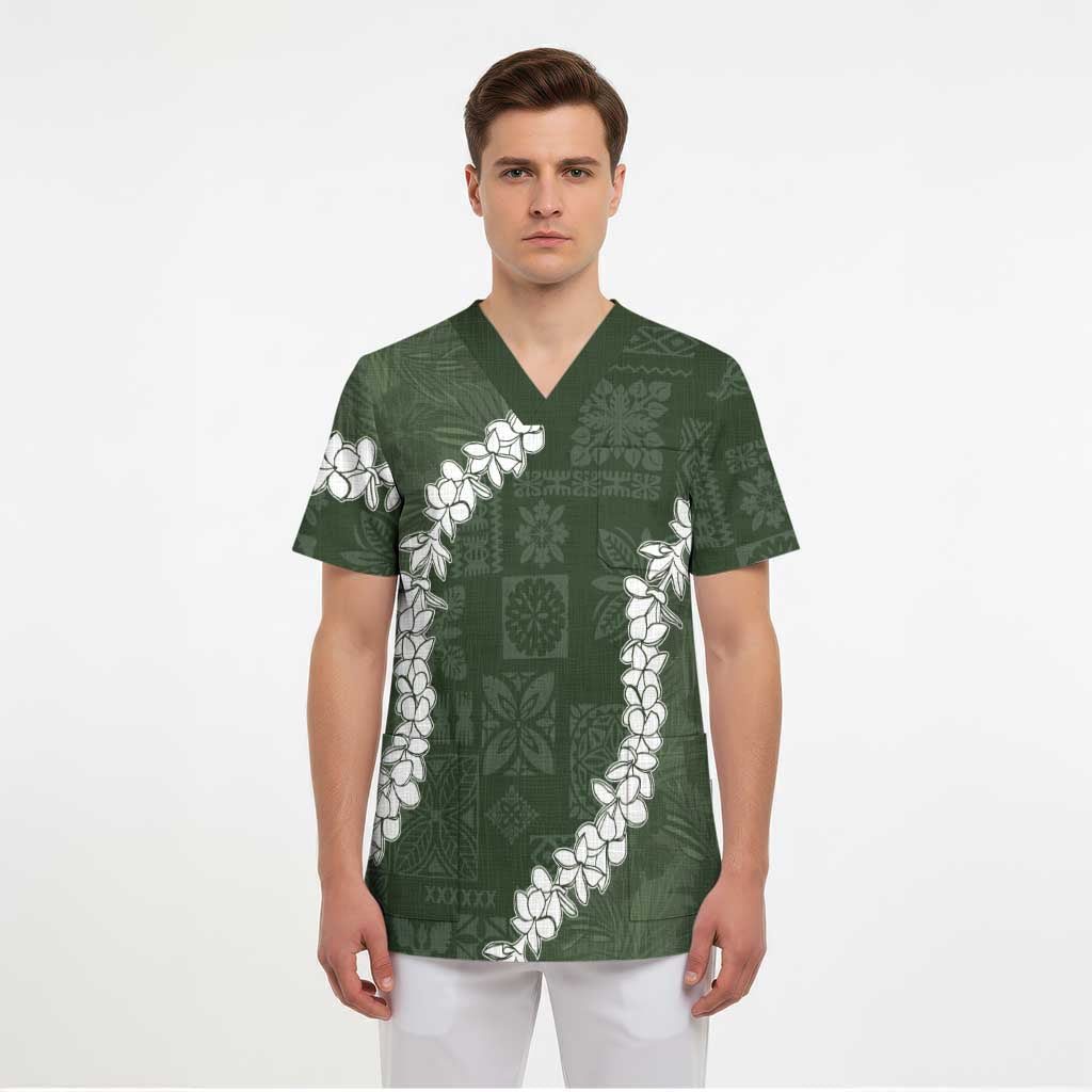 Hawaii Aloha Scrub Top Sage Quilt Patch Work Mix Plumeria Lei LT7 - Polynesian Pride