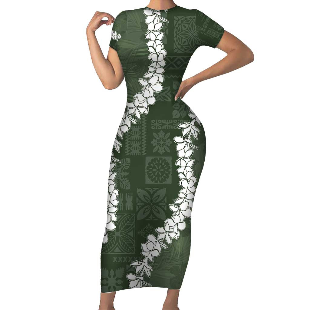 Hawaii Aloha Short Sleeve Bodycon Dress Sage Quilt Patch Work Mix Plumeria Lei LT7 Long Dress Sage - Polynesian Pride