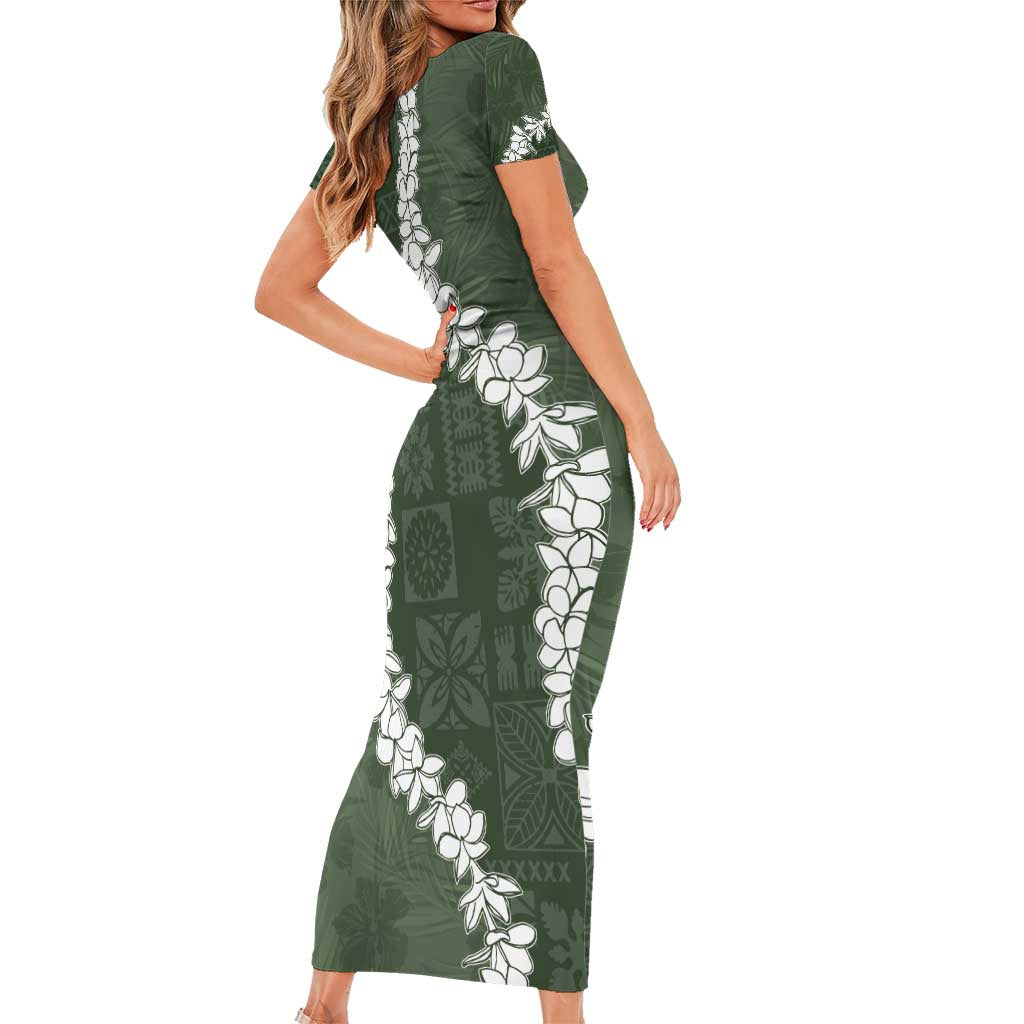 Hawaii Aloha Short Sleeve Bodycon Dress Sage Quilt Patch Work Mix Plumeria Lei LT7 - Polynesian Pride