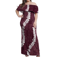 Hawaii Aloha Off Shoulder Maxi Dress Champange Quilt Patch Work Mix Plumeria Lei LT7 Women Champange - Polynesian Pride