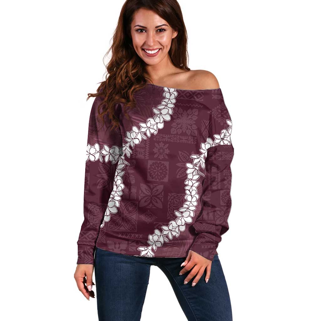 Hawaii Aloha Off Shoulder Sweater Champange Quilt Patch Work Mix Plumeria Lei LT7 Women Champange - Polynesian Pride