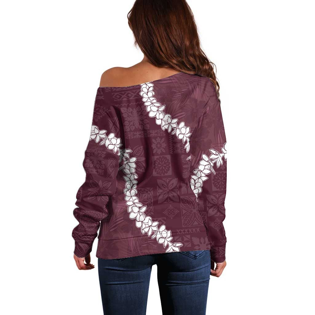 Hawaii Aloha Off Shoulder Sweater Champange Quilt Patch Work Mix Plumeria Lei LT7 - Polynesian Pride