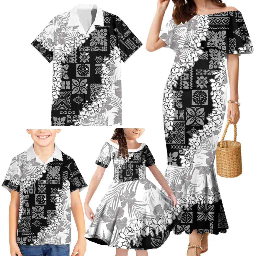 Hawaii Aloha Family Matching Mermaid Dress and Hawaiian Shirt White Quilt Patch Work Mix Plumeria Lei