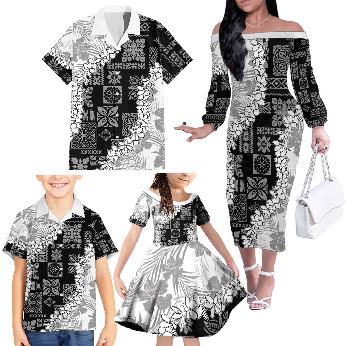 Hawaii Aloha Family Matching Off The Shoulder Long Sleeve Dress and Hawaiian Shirt White Quilt Patch Work Mix Plumeria Lei