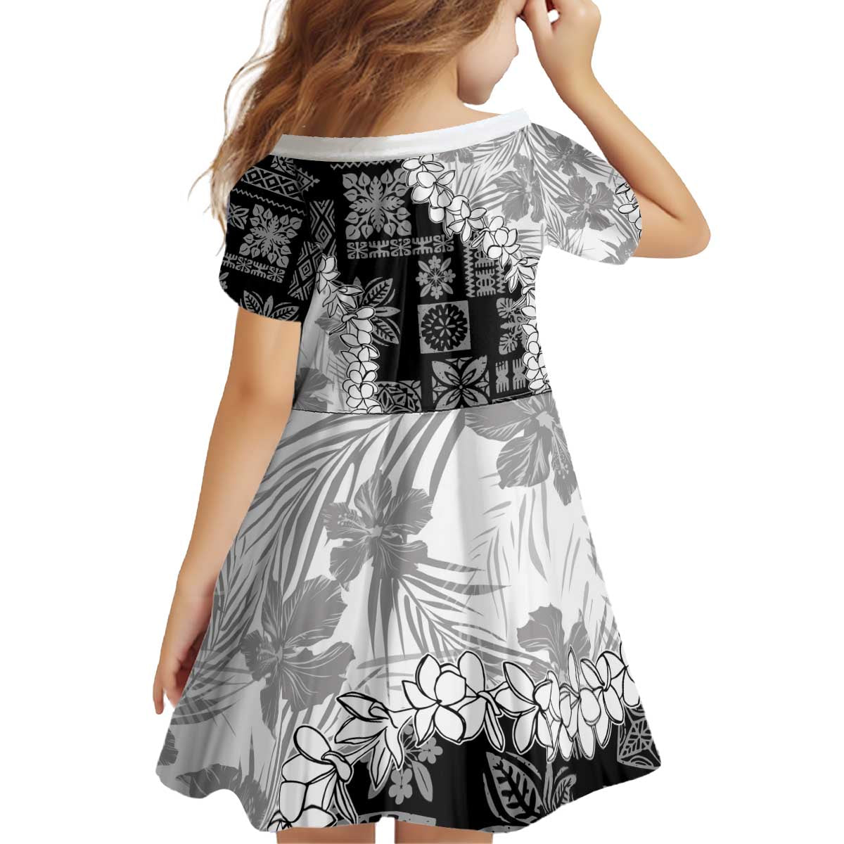 Hawaii Aloha Kid Short Sleeve Dress White Quilt Patch Work Mix Plumeria Lei LT7 - Polynesian Pride