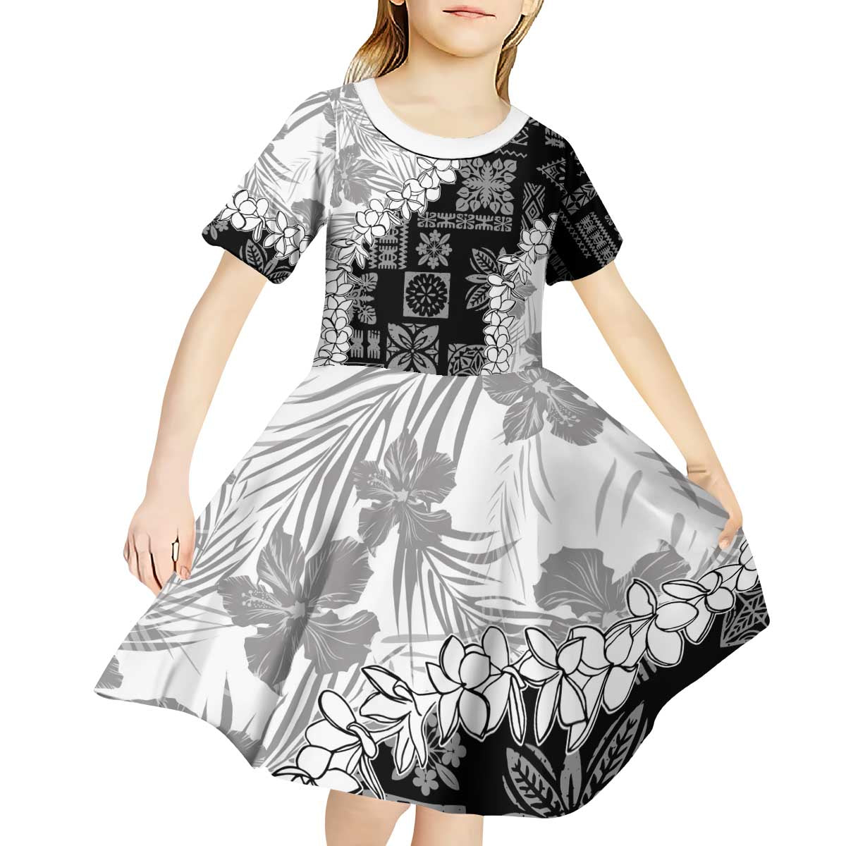 Hawaii Aloha Kid Short Sleeve Dress White Quilt Patch Work Mix Plumeria Lei LT7 - Polynesian Pride