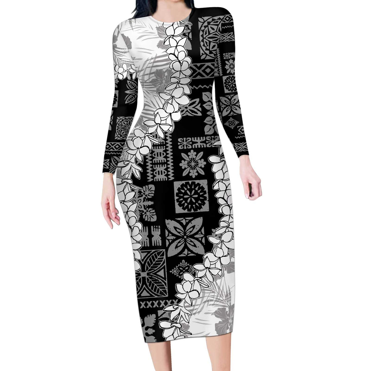 Hawaii Aloha Long Sleeve Bodycon Dress White Quilt Patch Work Mix Plumeria Lei LT7 Long Dress White - Polynesian Pride